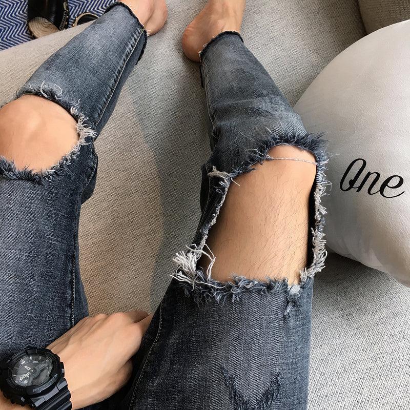 High Street Ripped Knee Jeans Cropped Pants Men