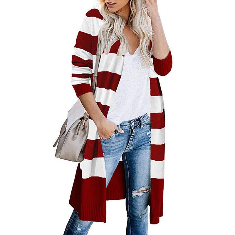 Knitwear Contrast Stripes Long Cardigan Women's Sweater