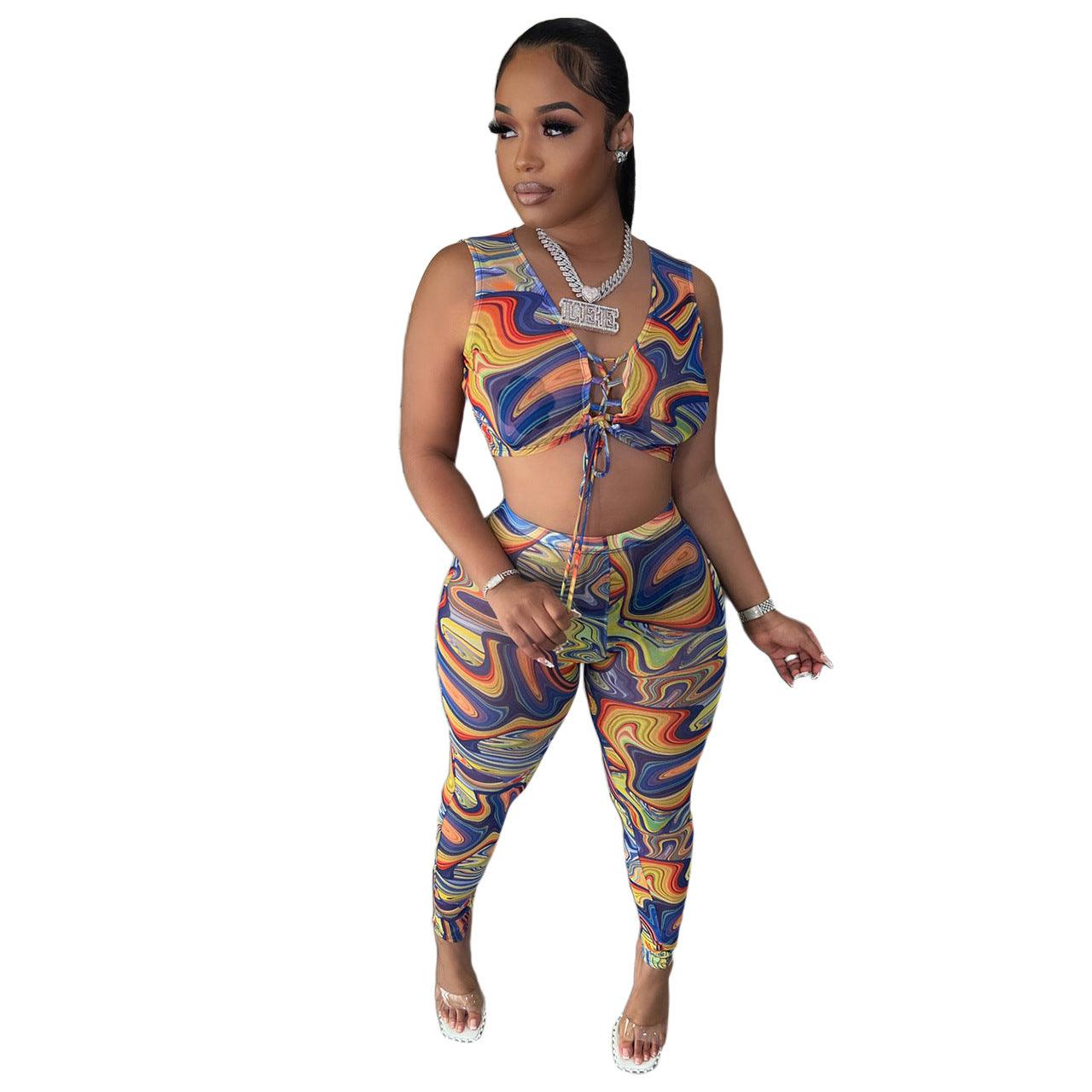 Women's Nightclub Wear Printed Gauze See-through Two-piece Suit