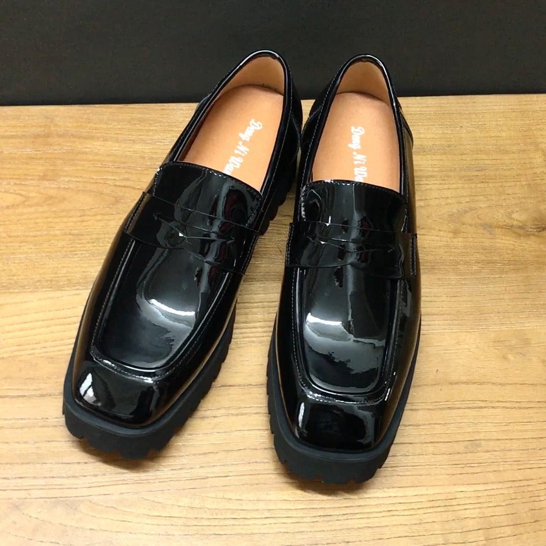Slip-on Square-toed Black Patent Leather Men's Trendy Shoes