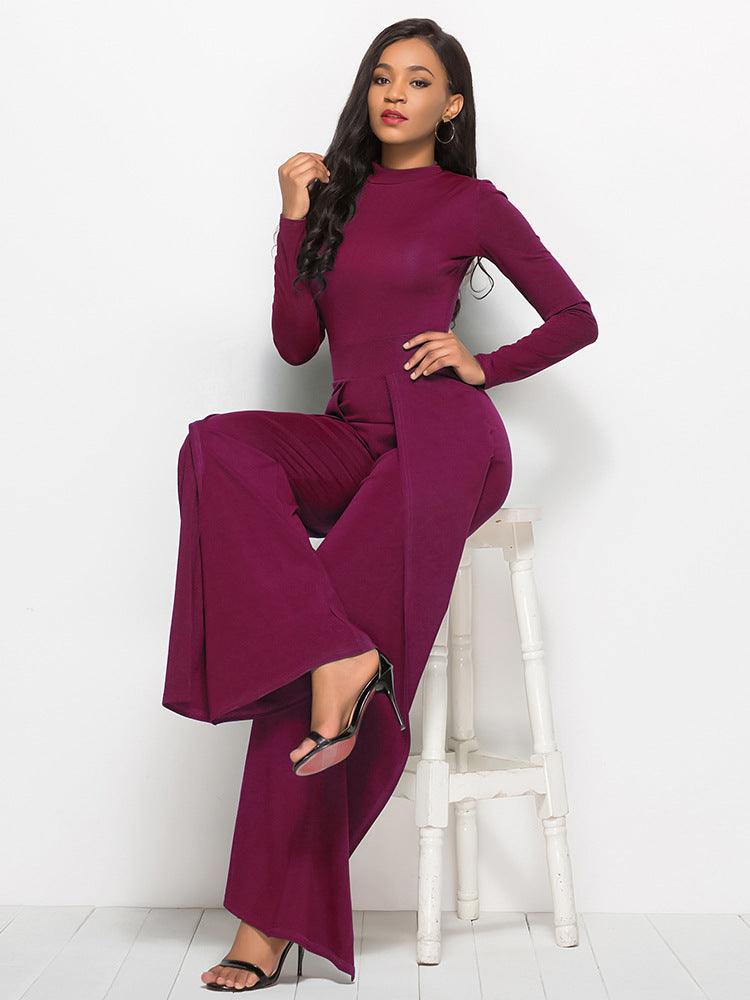 Fashion Round Neck Long Sleeve Wide Leg Jumpsuit