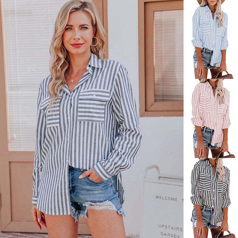 Ramie Cotton Wash Water Striped Single Breasted Long-sleeved Shirt Female