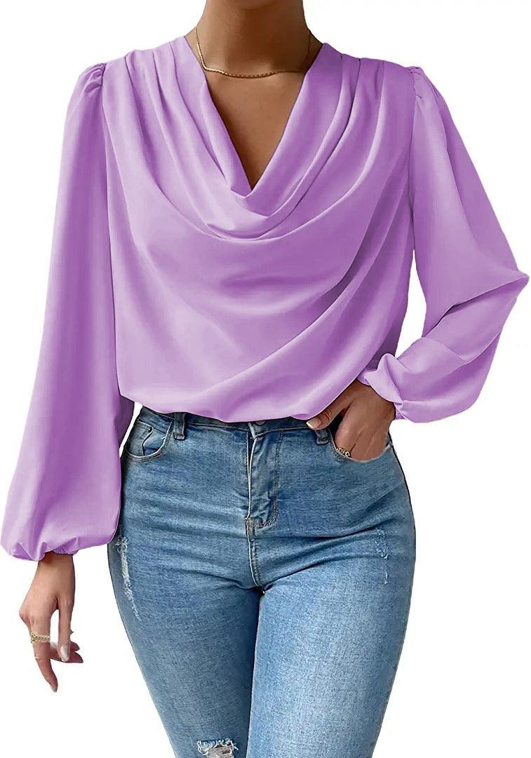 Chiffon Long-sleeved Shirt Loose V-neck Top T-shirt Women's Clothing