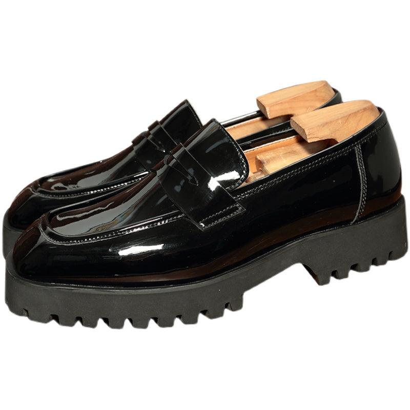 Slip-on Square-toed Black Patent Leather Men's Trendy Shoes