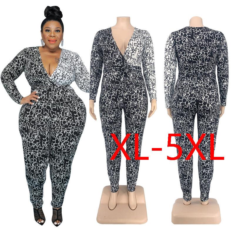 Large Size Jumpsuit Ladies Big Rompers V Neck