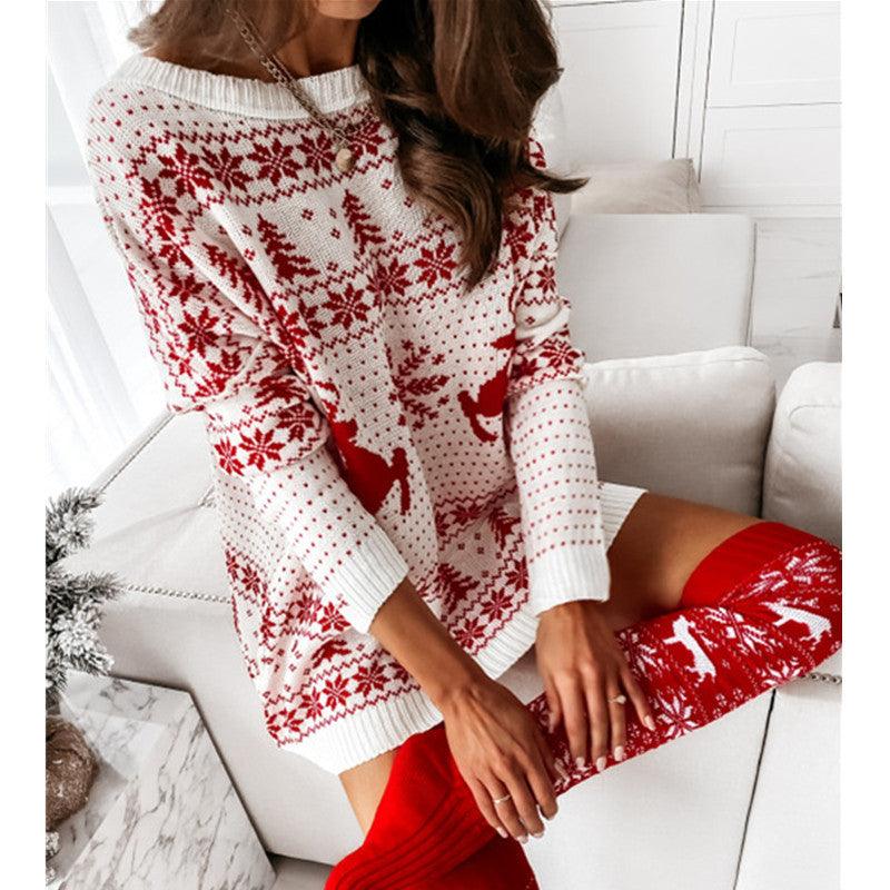 Ladies Christmas Jacquard Loose Knit Long Sleeve Dress