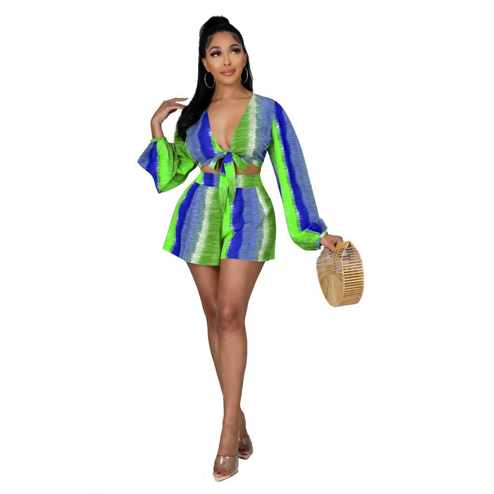 Women's Long-sleeved V-neck Lace-up Printed Shirt Shorts Suit
