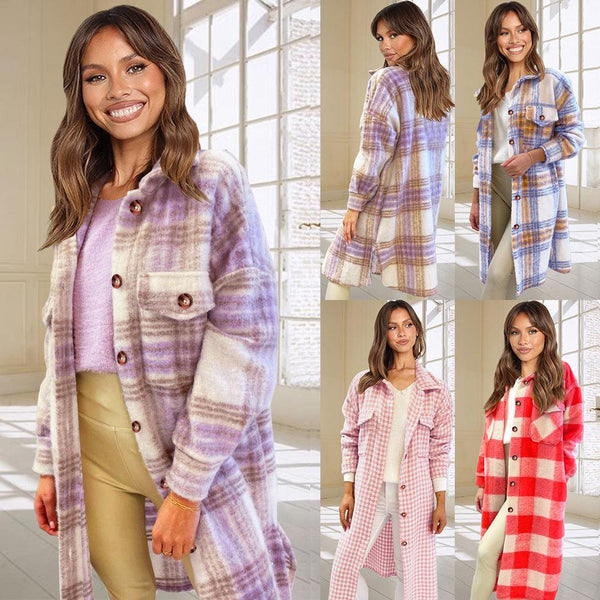 Ladies Plaid Woolen Long Coat Jacket