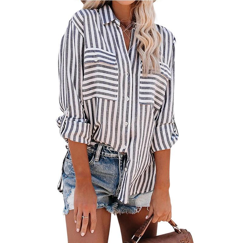 Ramie Cotton Wash Water Striped Single Breasted Long-sleeved Shirt Female