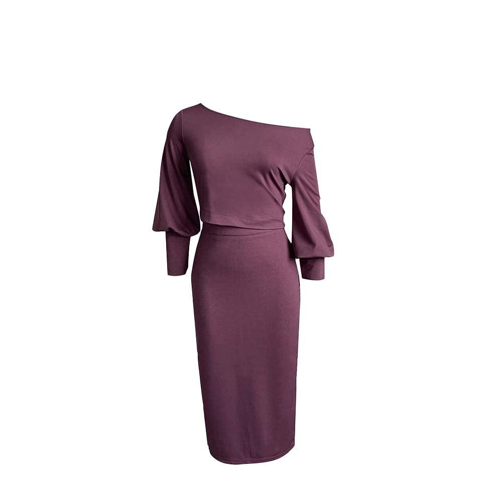 Solid Color Off-the-shoulder Long-sleeved Top Package Hip High Waist Skirt Suit