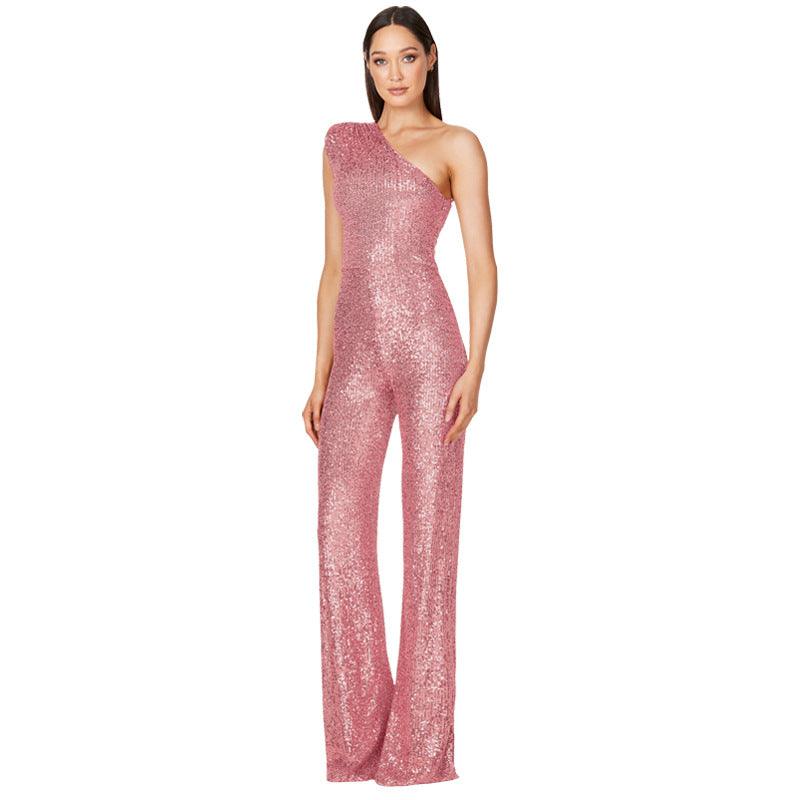 Sleeveless One Shoulder Sequin Jumpsuit