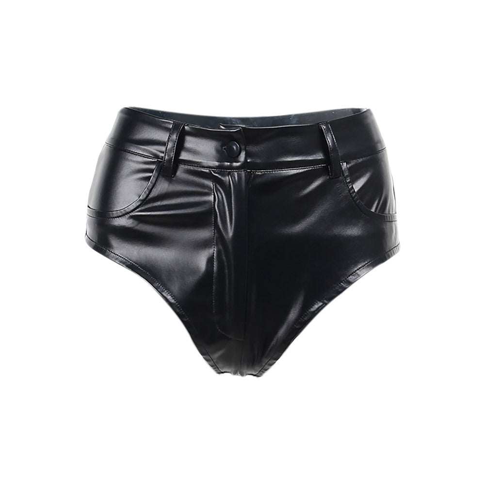 Black High Waist Stretch Shorts Tight Casual Pants Leather